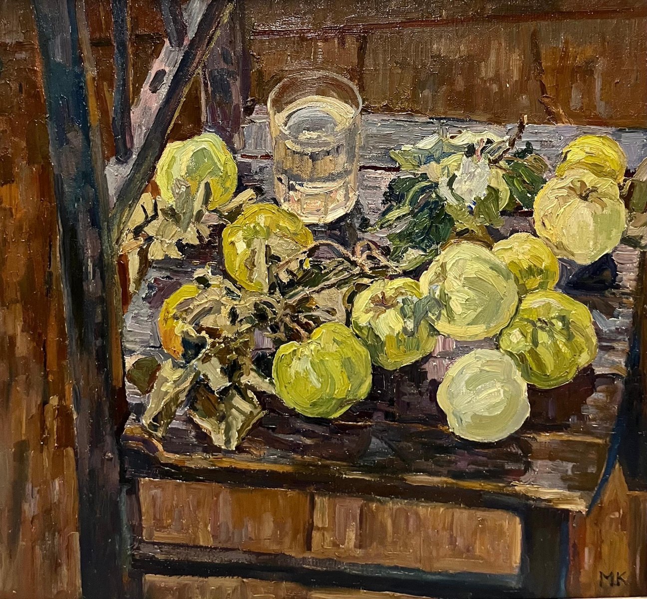 Maya Kopitzeva, Green Apples, Oil Painting, 1988, Framed