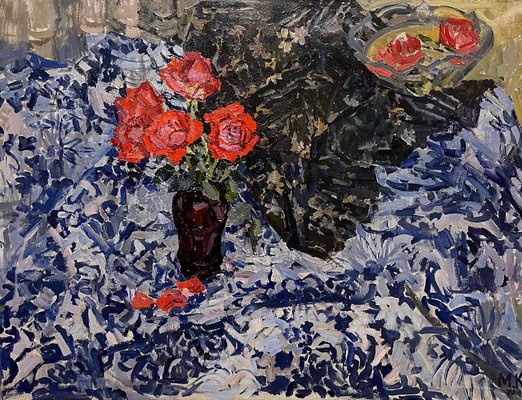 Maya Kopitzeva, Red Roses on Blue Tablecloth, 1970s, Oil on Canvas-QUE-1257814