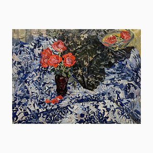 Maya Kopitzeva, Red Roses on Blue Tablecloth, 1970s, Oil on Canvas-QUE-1257814