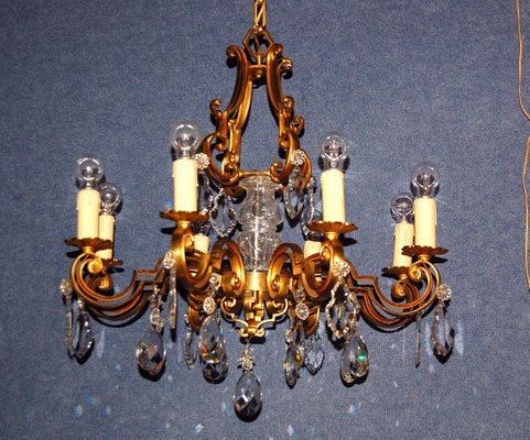 Mazarin Chandelier in Gilded Bronze and Crystal, 1940s-AWH-1433733