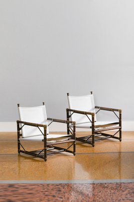 McGuire San Francisco Armchairs in Wood, Fabric and Leather Ligatures, 1970s, Set of 2-MNF-1752471