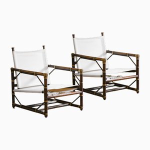 McGuire San Francisco Armchairs in Wood, Fabric and Leather Ligatures, 1970s, Set of 2-MNF-1752471