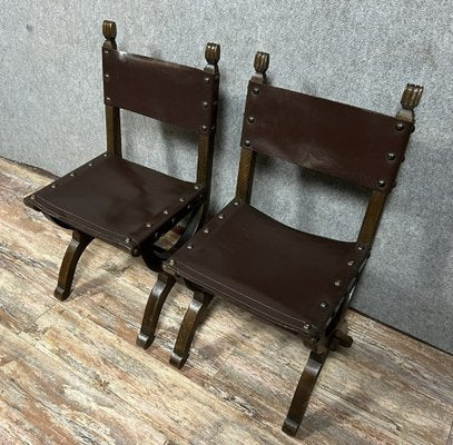 Medieval Style Chairs in Wood and Leather, Set of 2-MWB-1798394