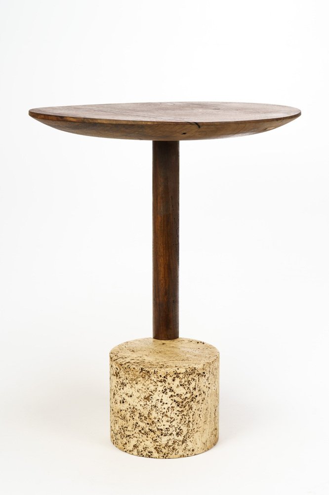 Medieval Wood and Roman Travertine Modern End Table