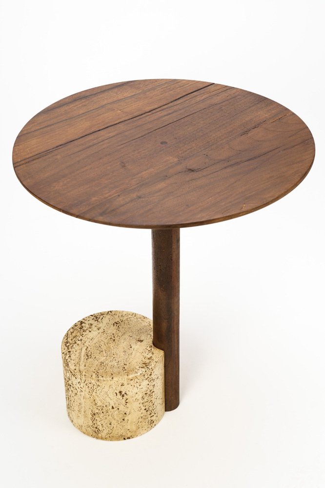 Medieval Wood and Roman Travertine Modern End Table