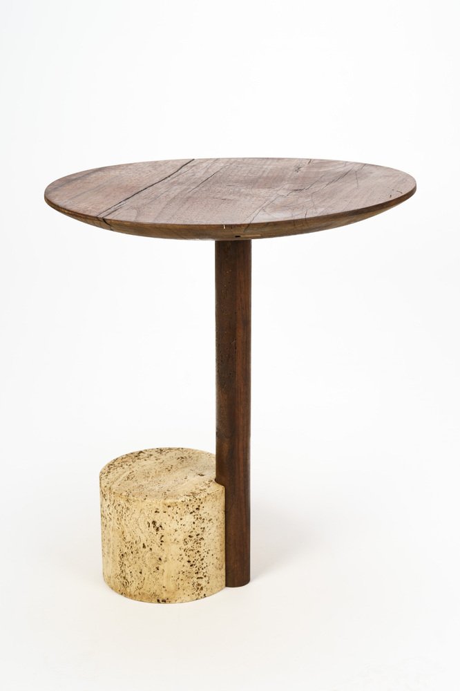 Medieval Wood and Roman Travertine Modern End Table