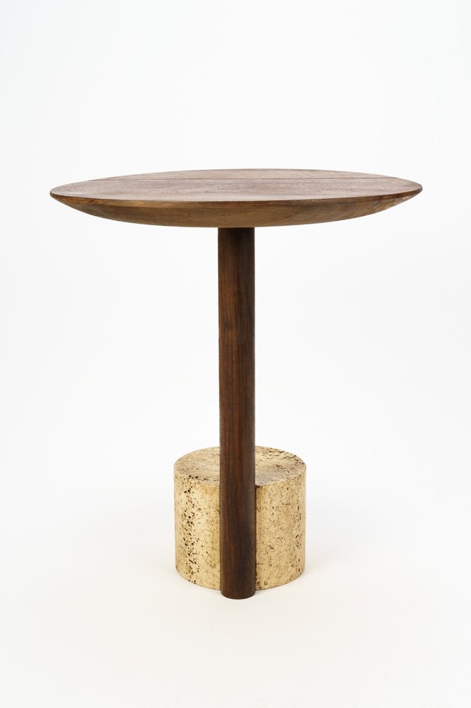 Medieval Wood and Roman Travertine Modern End Table