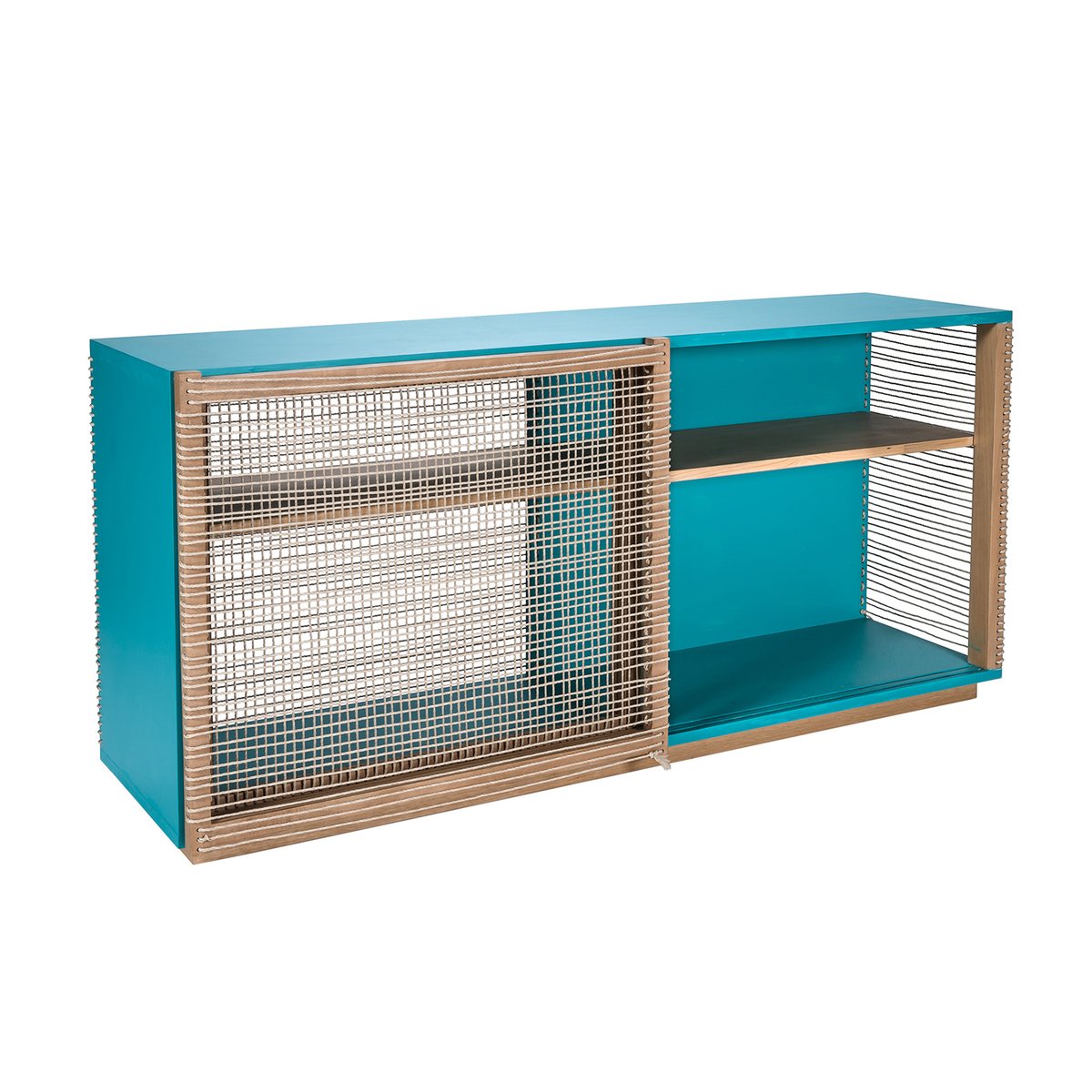 Mediterraneo Sideboard in Turquoise Lacquered Wood & Hemp Rope by Architetti Artigiani Anonimi