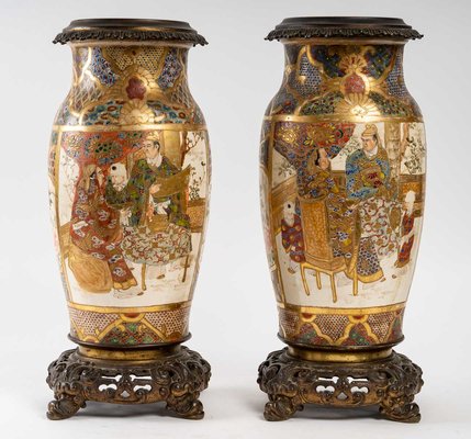 Meiji 19th Century Satsuma Ceramic Vases Mounted on French Bronze, Set of 2-UQL-1255484