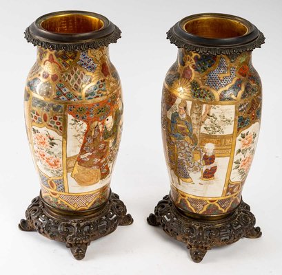 Meiji 19th Century Satsuma Ceramic Vases Mounted on French Bronze, Set of 2-UQL-1255484