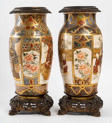 Meiji 19th Century Satsuma Ceramic Vases Mounted on French Bronze, Set of 2-UQL-1255484