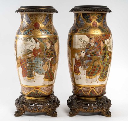 Meiji 19th Century Satsuma Ceramic Vases Mounted on French Bronze, Set of 2-UQL-1255484