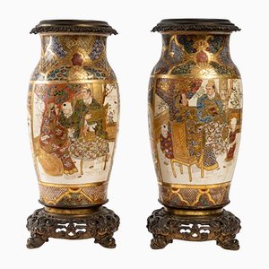 Meiji 19th Century Satsuma Ceramic Vases Mounted on French Bronze, Set of 2-UQL-1255484