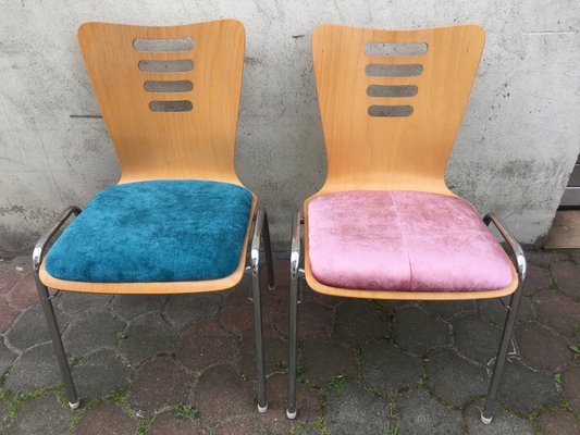 Metal and Wood Stackable Chairs with New Upholstery, 1990s, Set of 2-WQQ-952278