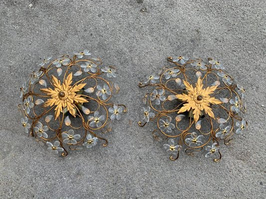 Metal Lamps in Gold Leaf and Crystals from Maison Jansen, France, 1950s, Set of 2-EH-942175