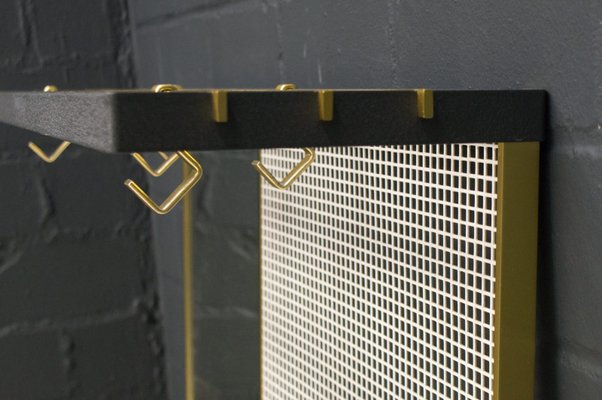 Metal Wall Coat Rack with Mirror and Brass Hooks, 1950s-KQB-688665