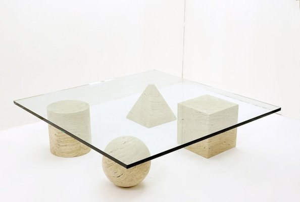 Metaphor Coffee Table in Travertine and Glass attributed to Massimo & Leilla Vignelli, 1980s-FGA-1406992