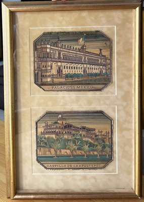 Mexican Artist, Popotillo Chapultepec & Palacio Diptych, 1890s-1910s, Straw Mosaic, Framed-OSP-2028067