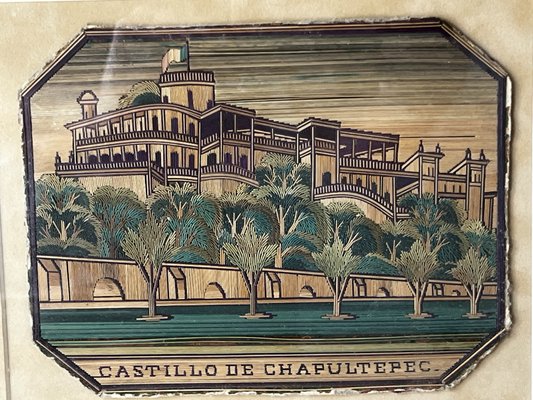 Mexican Artist, Popotillo Chapultepec & Palacio Diptych, 1890s-1910s, Straw Mosaic, Framed-OSP-2028067