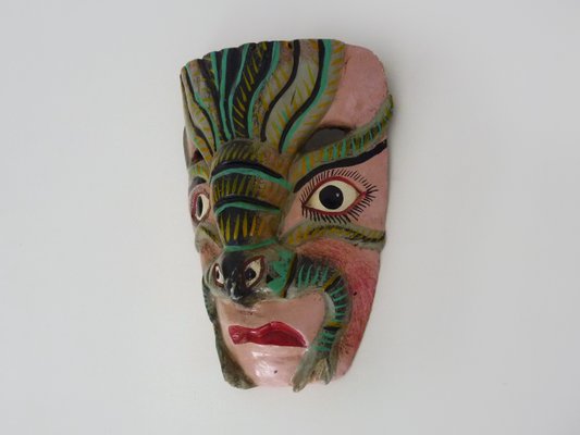 Mexican Folk Art Mask in Polychrome Carved Wood, 1970s-MZP-2034888