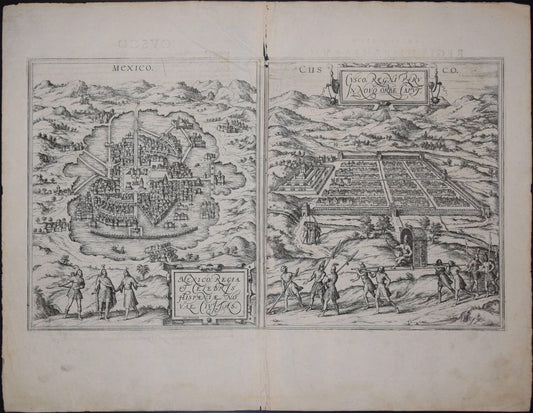 Mexico City & Cusco Antique Map, Civitates Orbis Terrarum by Braun & Hogenberg 1572-1617