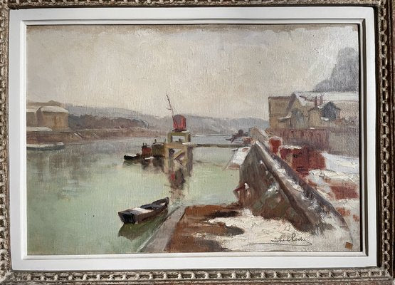 Michel Loche, Snowy Quay, 1920s, Oil-XMH-1754429