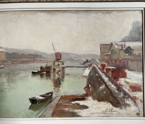 Michel Loche, Snowy Quay, 1920s, Oil-XMH-1754429