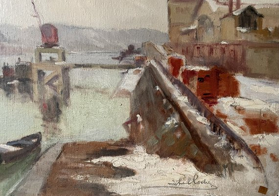 Michel Loche, Snowy Quay, 1920s, Oil-XMH-1754429