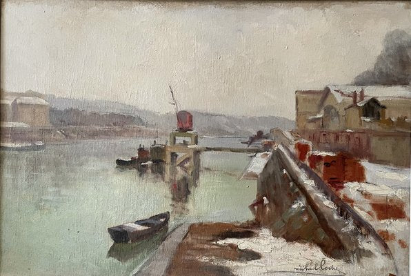 Michel Loche, Snowy Quay, 1920s, Oil-XMH-1754429