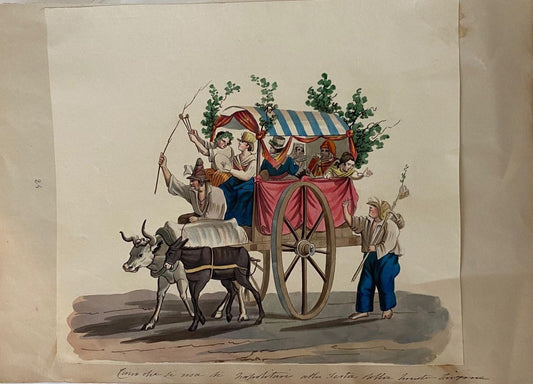 Michela De Vito, Wagon with Neapolitans, Original Gouache, 19th-Century