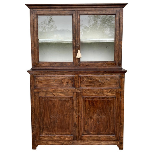 Mid 19th-Century 2-Part Step Back Walnut Pie Safe Cupboard with Glass Doors