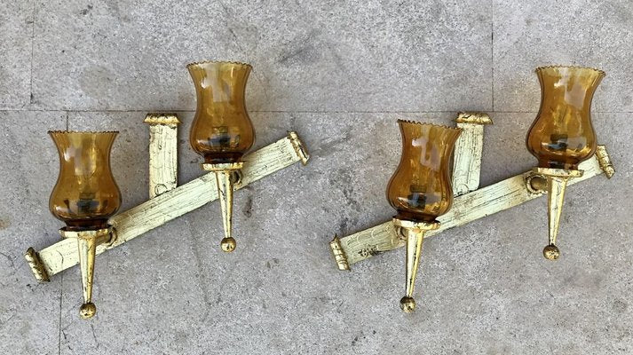 Mid-20th-Century Iron and Colored Glass Wall Lights, 1960s, Set of 3-NOU-769018