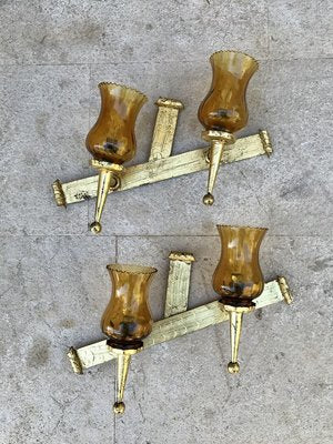 Mid-20th-Century Iron and Colored Glass Wall Lights, 1960s, Set of 3-NOU-769018