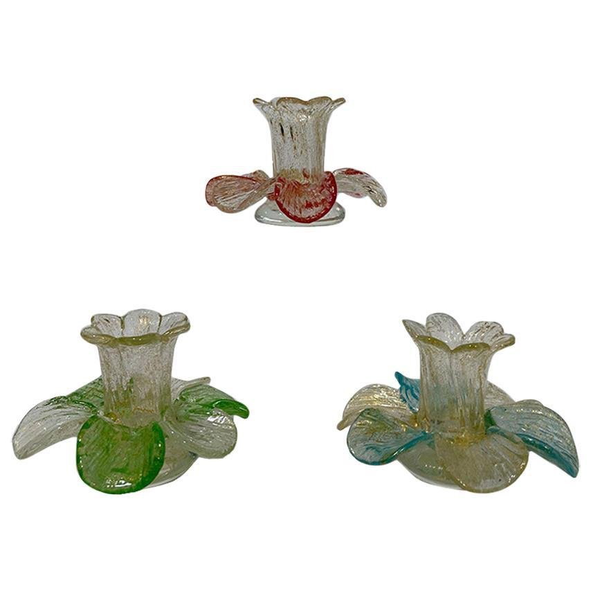 Mid-20th Century Italian Murano Glass & Gold Flake Candleholders in Flower Shape, Set of 3