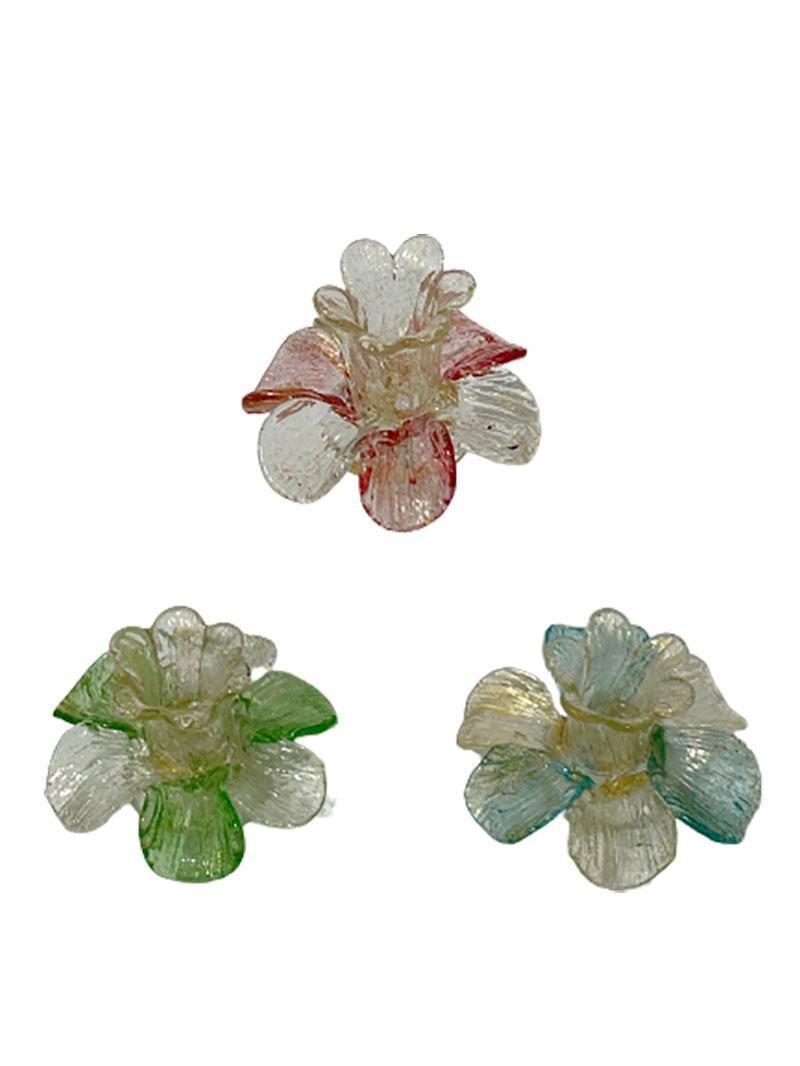 Mid-20th Century Italian Murano Glass & Gold Flake Candleholders in Flower Shape, Set of 3