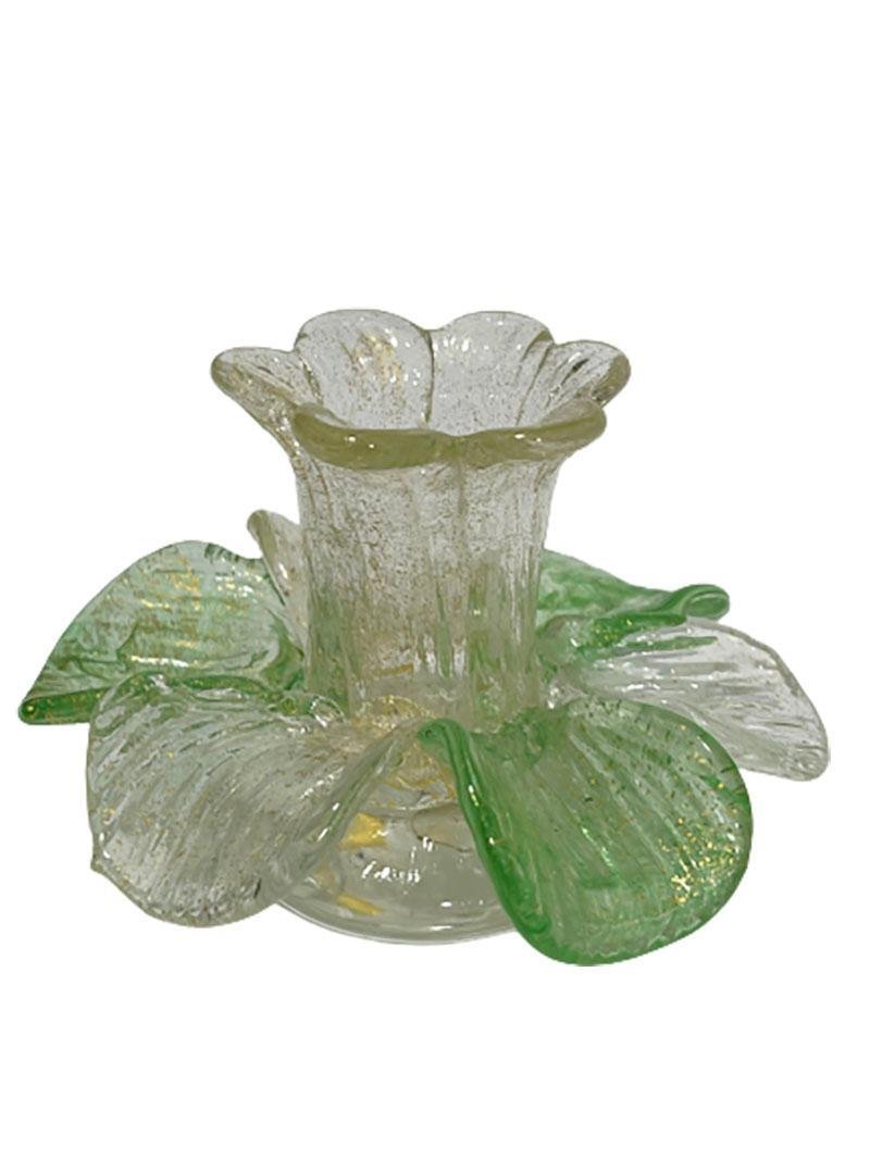 Mid-20th Century Italian Murano Glass & Gold Flake Candleholders in Flower Shape, Set of 3