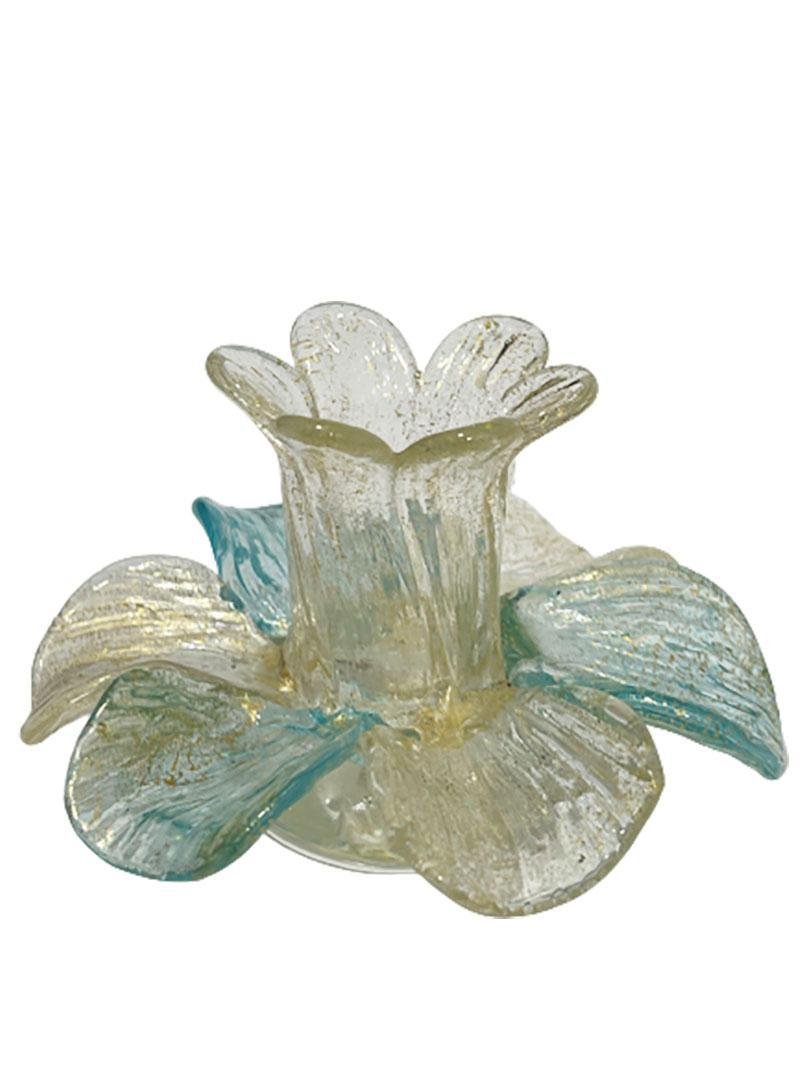 Mid-20th Century Italian Murano Glass & Gold Flake Candleholders in Flower Shape, Set of 3