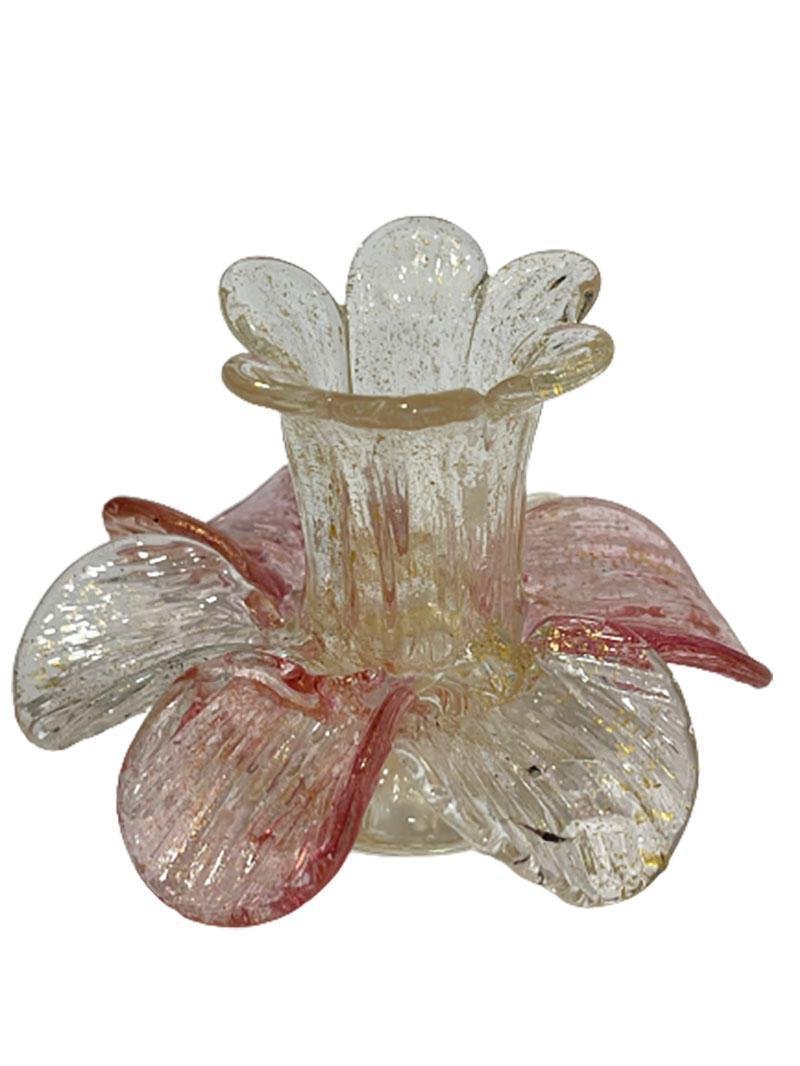 Mid-20th Century Italian Murano Glass & Gold Flake Candleholders in Flower Shape, Set of 3