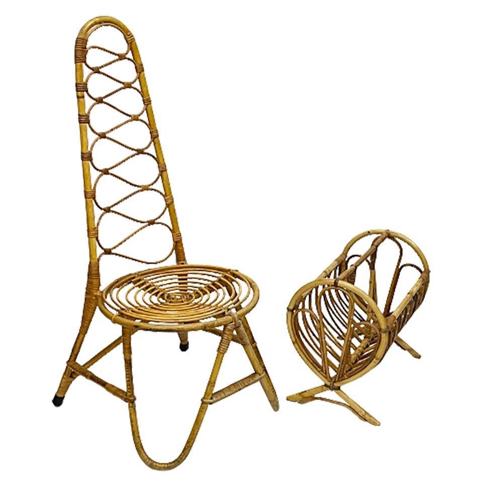 Mid-20th Century Rattan and Bamboo Chair and Magazine Rack, Set of 2