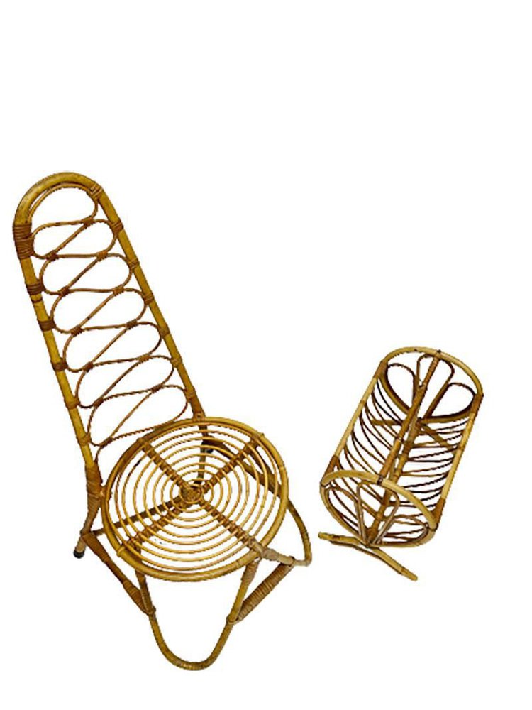 Mid-20th Century Rattan and Bamboo Chair and Magazine Rack, Set of 2