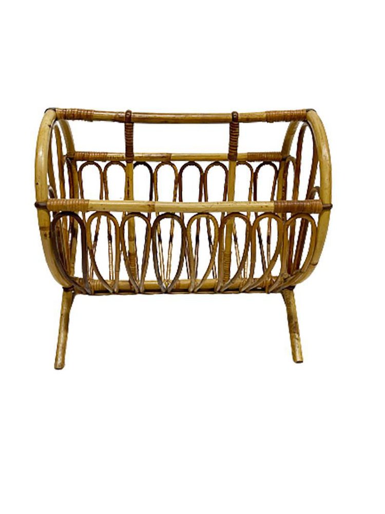 Mid-20th Century Rattan and Bamboo Chair and Magazine Rack, Set of 2