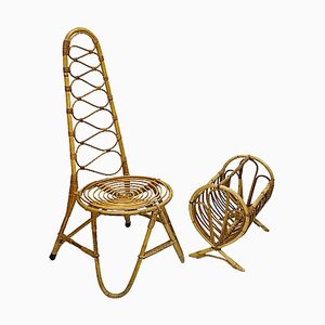 Mid-20th Century Rattan and Bamboo Chair and Magazine Rack, Set of 2-UCH-1224252