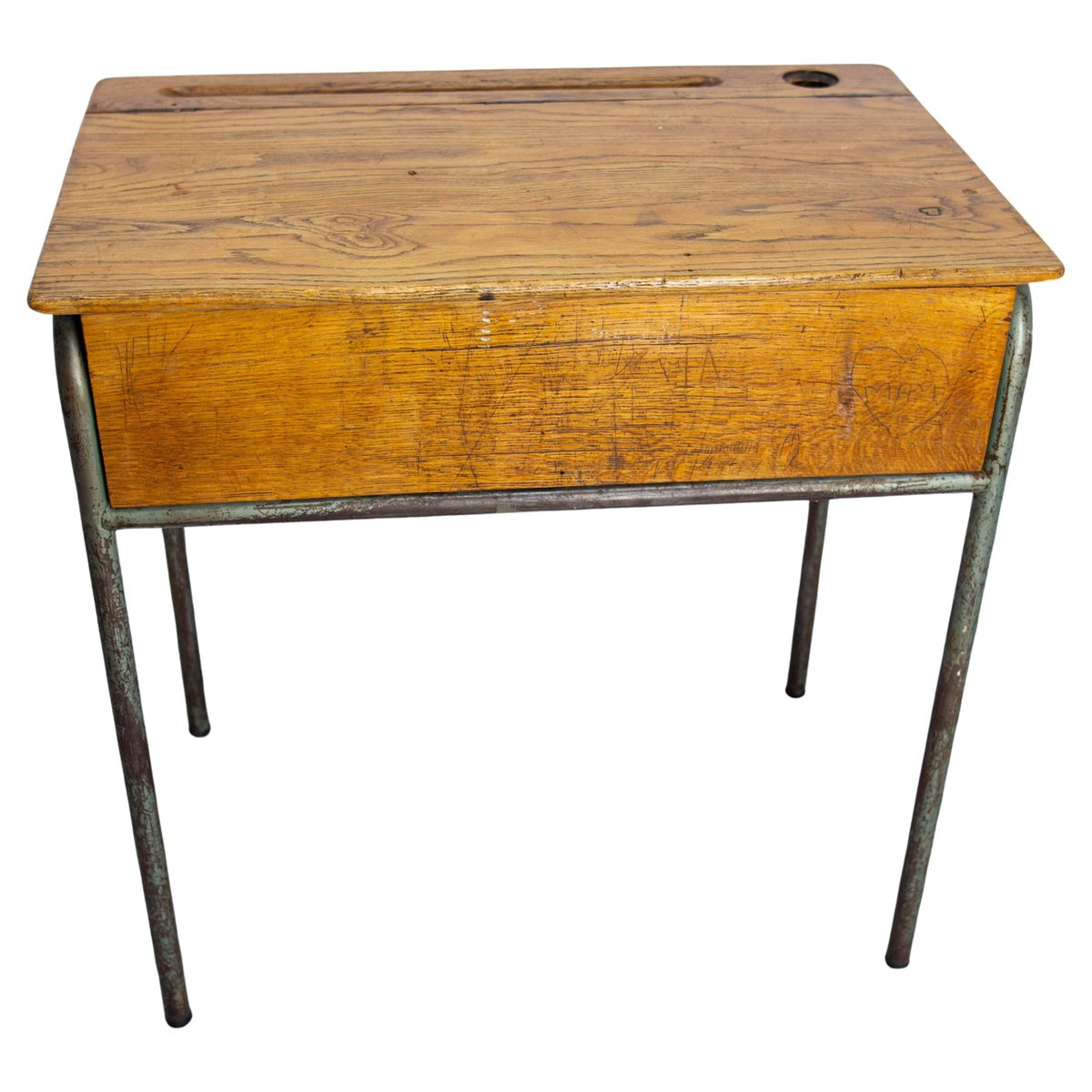 Mid 20th Century Student Oak & Iron Writing Table Slant Top Desk, France, 1950s