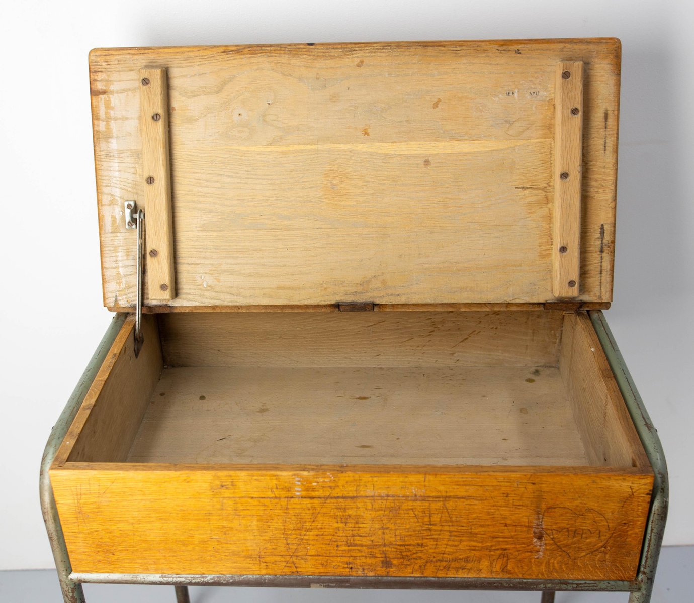 Mid 20th Century Student Oak & Iron Writing Table Slant Top Desk, France, 1950s