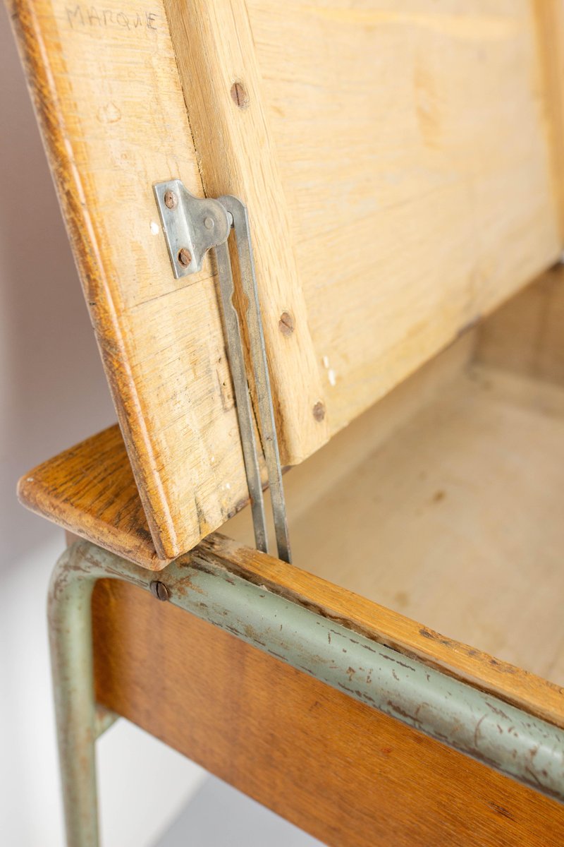 Mid 20th Century Student Oak & Iron Writing Table Slant Top Desk, France, 1950s