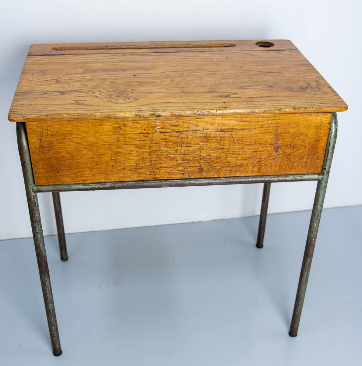 Mid 20th Century Student Oak & Iron Writing Table Slant Top Desk, France, 1950s