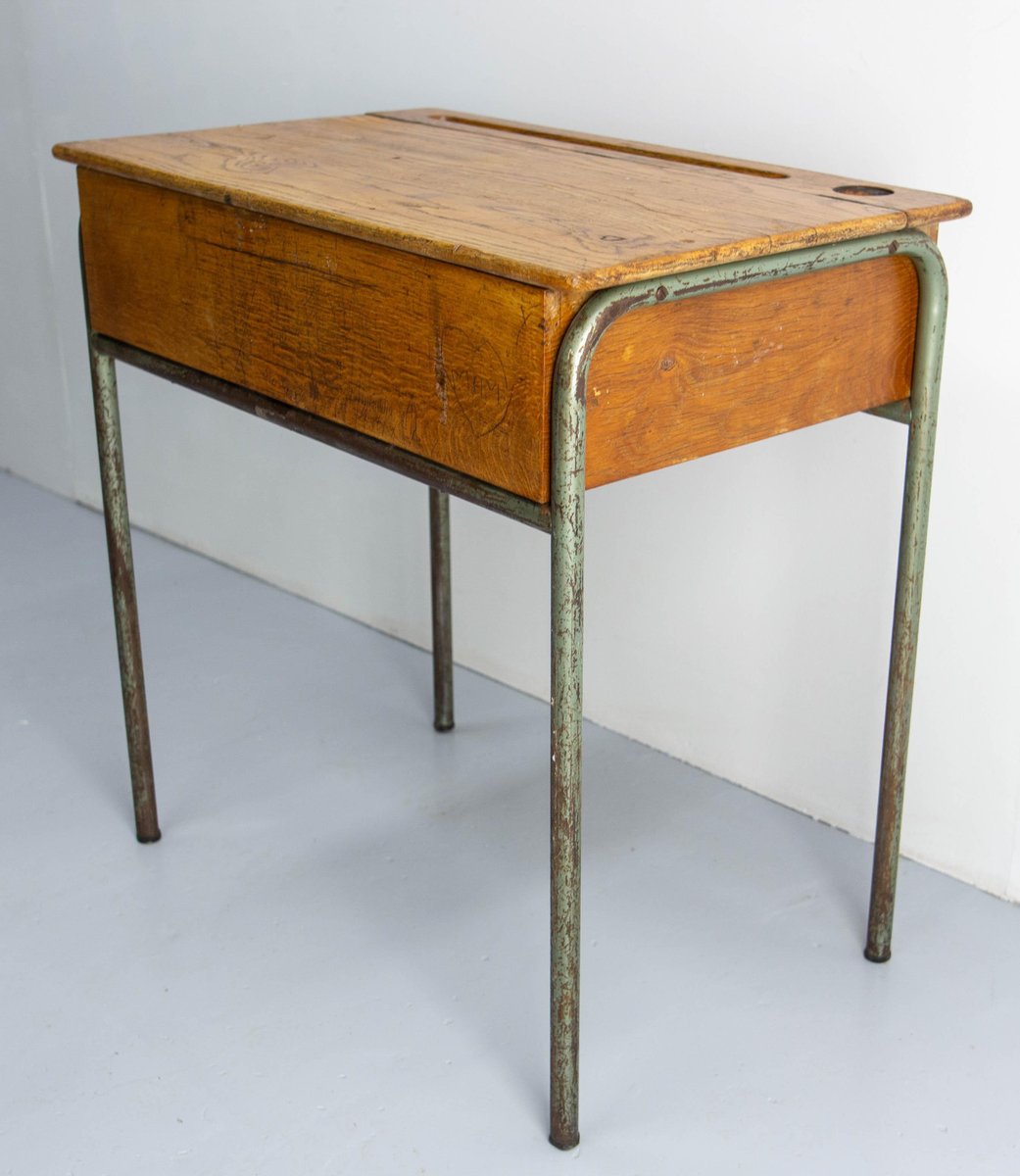 Mid 20th Century Student Oak & Iron Writing Table Slant Top Desk, France, 1950s