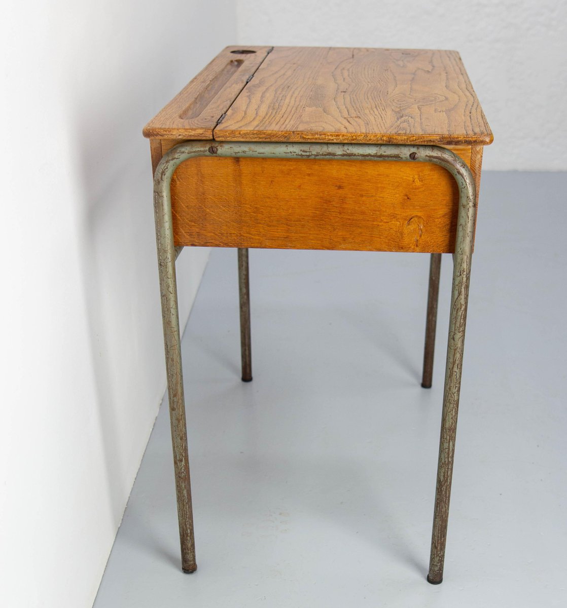 Mid 20th Century Student Oak & Iron Writing Table Slant Top Desk, France, 1950s