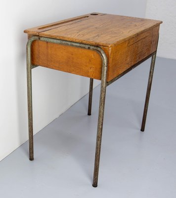 Mid 20th Century Student Oak & Iron Writing Table Slant Top Desk, France, 1950s-RIU-1718892