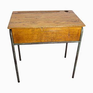 Mid 20th Century Student Oak & Iron Writing Table Slant Top Desk, France, 1950s-RIU-1718892